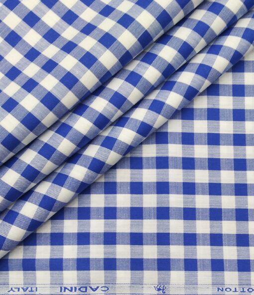 Cadini Italy Men's Cotton Royal Blue Checks 1.60 Meter Unstitched Shirt Fabric (White)