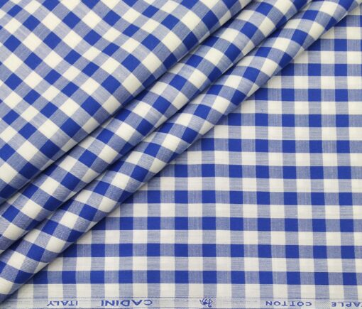 Cadini Italy Men's Cotton Royal Blue Checks 1.60 Meter Unstitched Shirt Fabric (White)