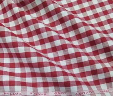 Cadini Italy Men's Cotton Red Checks 1.60 Meter Unstitched Shirt Fabric (White)