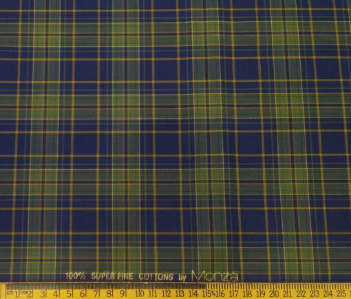 Monza Men's Cotton Green Checks 1.60 Meter Unstitched Shirt Fabric (Dark Blue)