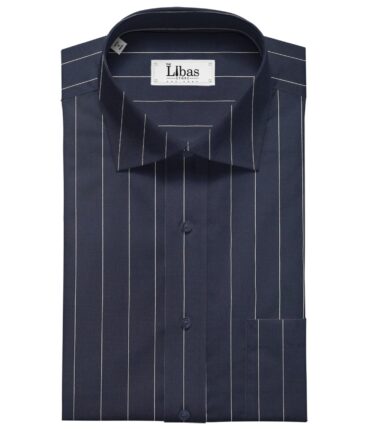 Monza Men's Cotton White Striped 1.60 Meter Unstitched Shirt Fabric (Dark Blue)