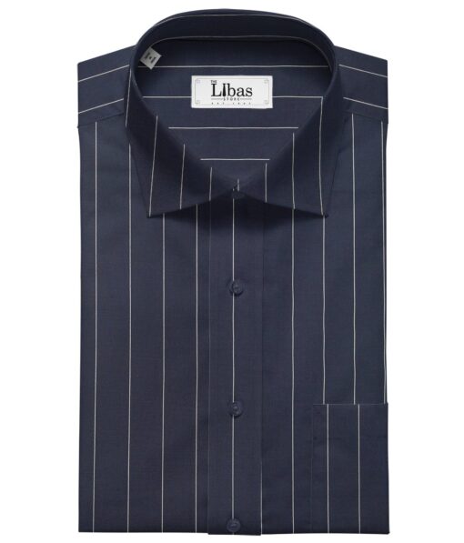 Monza Men's Cotton White Striped 1.60 Meter Unstitched Shirt Fabric (Dark Blue)