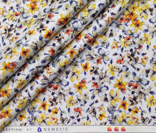 Nemesis Men's Giza Cotton Multicolor DIgital Printed Unstitched Shirt Fabric (White)