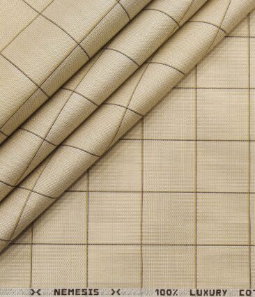 Nemesis Men's Cotton Checks 1.80 Meter Unstitched Shirt Fabric (Oat Beige)