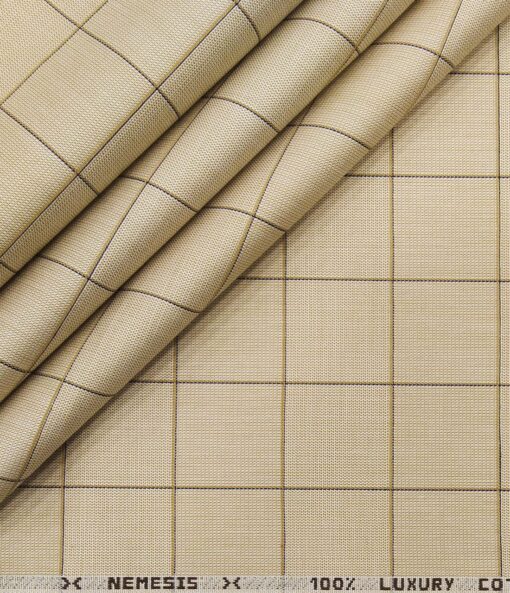 Nemesis Men's Cotton Checks 1.80 Meter Unstitched Shirt Fabric (Oat Beige)