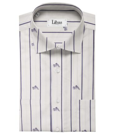 Pee Gee Men's Cotton Striped Printed 1.60 Meter Unstitched Shirt Fabric (Off-White)