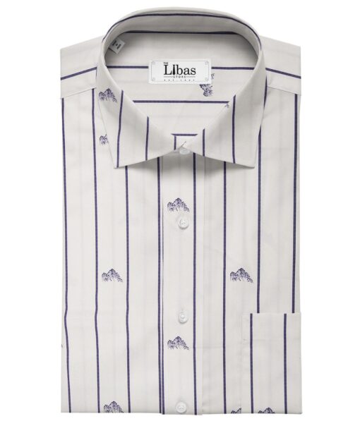 Pee Gee Men's Cotton Striped Printed 1.60 Meter Unstitched Shirt Fabric (Off-White)
