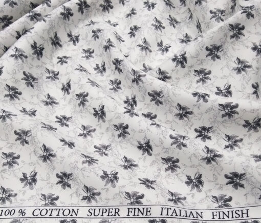Pee Gee Men's Cotton Grey Floral Printed 1.60 Meter Unstitched Shirt Fabric (White)