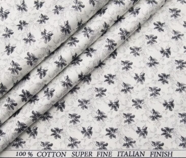 Pee Gee Men's Cotton Grey Floral Printed 1.60 Meter Unstitched Shirt Fabric (White)