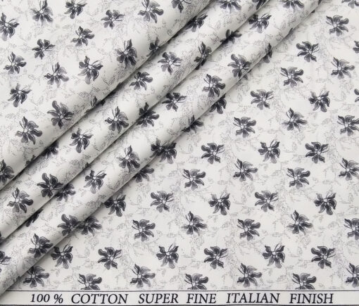 Pee Gee Men's Cotton Grey Floral Printed 1.60 Meter Unstitched Shirt Fabric (White)