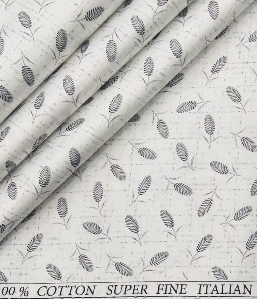 Pee Gee Men's Cotton Grey Floral Printed 1.60 Meter Unstitched Shirt Fabric (White)