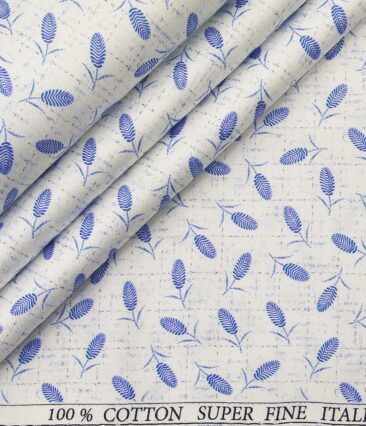 Pee Gee Men's Cotton Royal Blue Floral Printed 1.60 Meter Unstitched Shirt Fabric (White)