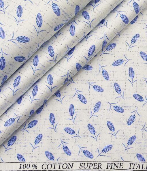 Pee Gee Men's Cotton Royal Blue Floral Printed 1.60 Meter Unstitched Shirt Fabric (White)