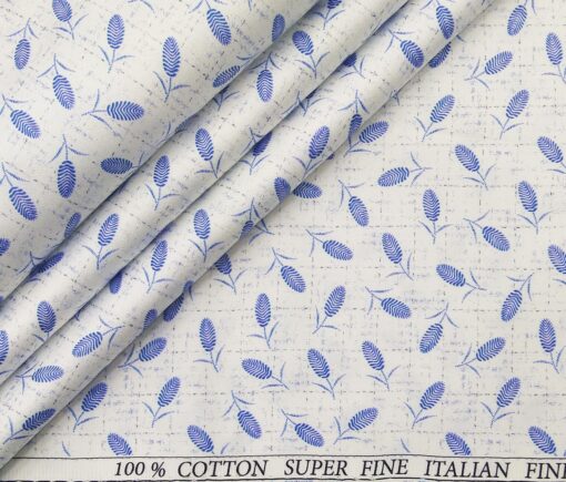 Pee Gee Men's Cotton Royal Blue Floral Printed 1.60 Meter Unstitched Shirt Fabric (White)