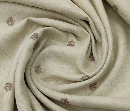 Linen Club Men's Linen 60 LEA Embroidered Unstitched Shirting Fabric (Tan Beige)