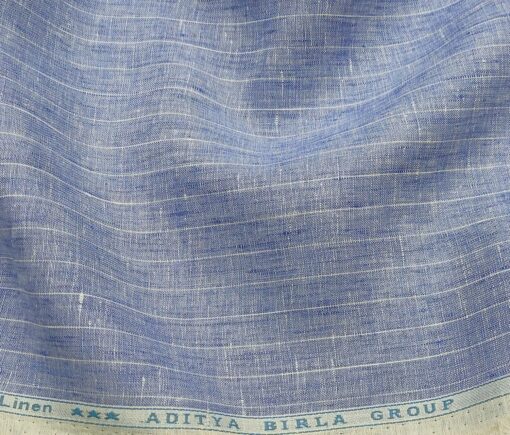 Linen Club Men's Linen 80 LEA Striped Unstitched Shirting Fabric (Sky Blue)
