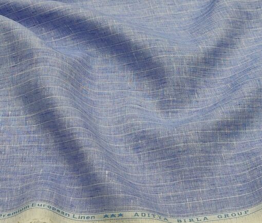 Linen Club Men's Linen 80 LEA Striped Unstitched Shirting Fabric (Sky Blue)