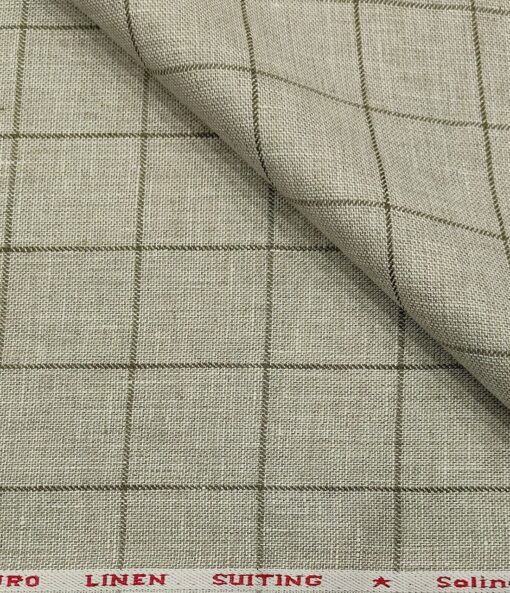 Solino Men's Linen Green Checks 3 Meter Unstitched Suiting Fabric (Pistachious Beige)
