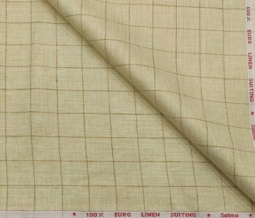 Solino Men's Linen Brown Checks 3 Meter Unstitched Suiting Fabric (Beige)