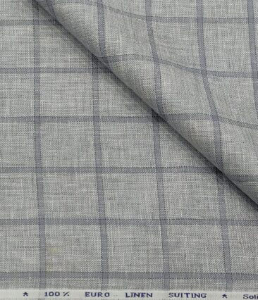 Solino Men's Linen Grey Checks 3 Meter Unstitched Suiting Fabric (Light Grey)