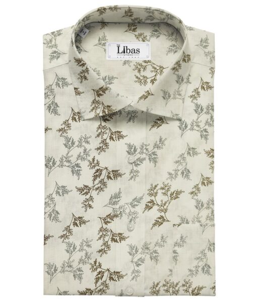Linen Club Men's Cotton Linen Printed Unstitched Shirting Fabric (Milky White)