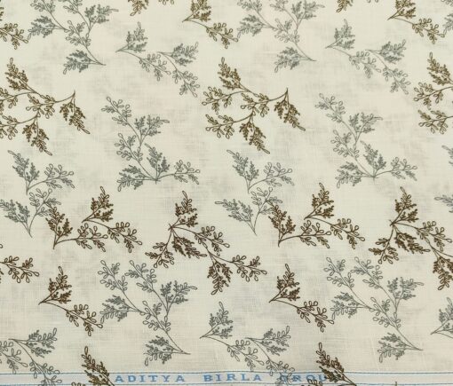 Linen Club Men's Cotton Linen Printed Unstitched Shirting Fabric (Milky White)
