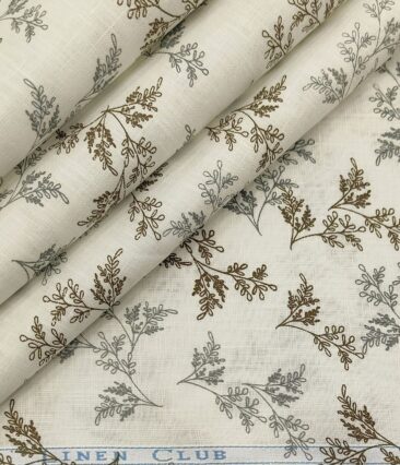 Linen Club Men's Cotton Linen Printed Unstitched Shirting Fabric (Milky White)