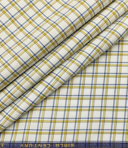 Birla Century Men's Cotton Checks 1.60 Meter Unstitched Shirt Fabric (Milky White)