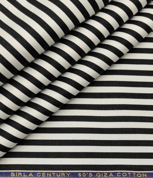 Birla Century Men's Cotton Striped 1.60 Meter Unstitched Shirt Fabric (White & Black)