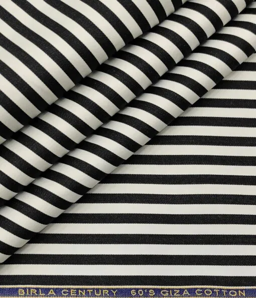 Birla Century Men's Cotton Striped 1.60 Meter Unstitched Shirt Fabric (White & Black)