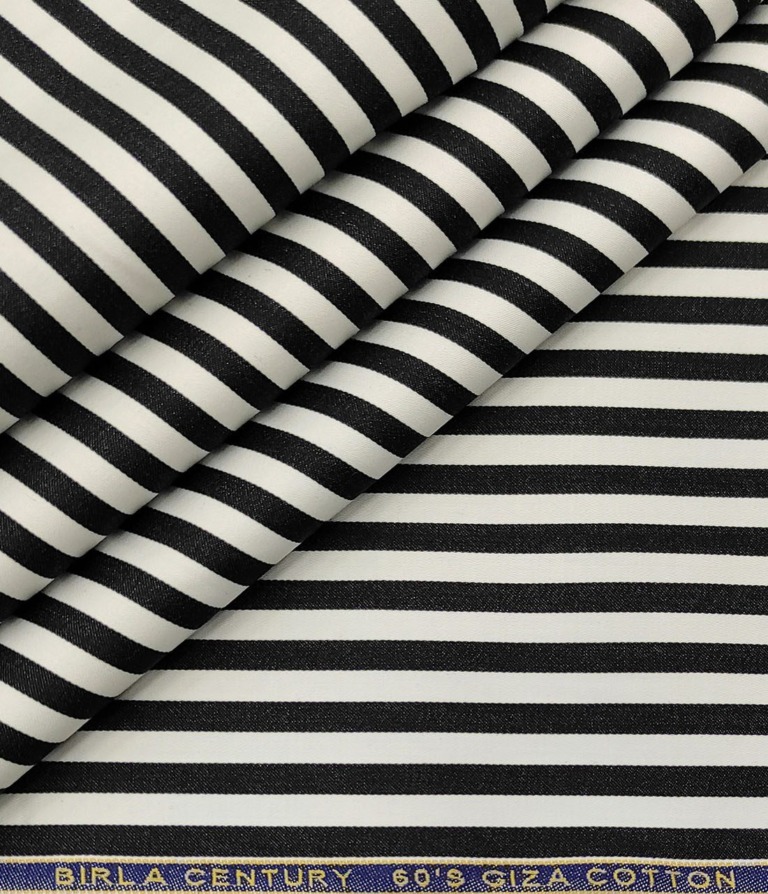 Birla Century Men's Cotton Striped 1.60 Meter Unstitched Shirt Fabric (White & Black)