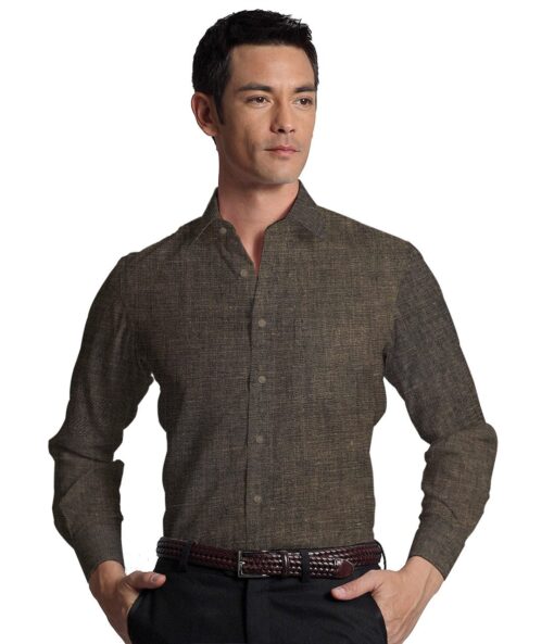 Burgoyne Men's Linen Solids Unstitched Shirting Fabric (Dark Brown)