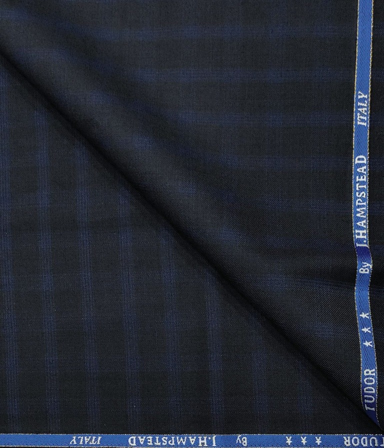 J.Hampstead Men's Wool Checks  Super 120's Unstitched Trouser Fabric (Dark Blue