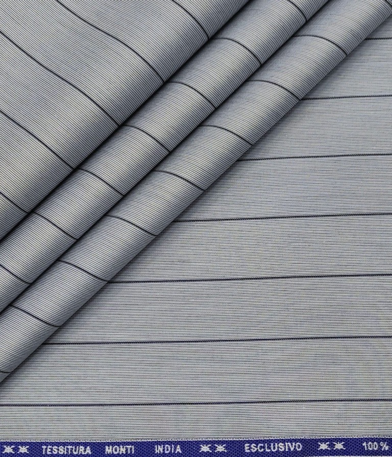 Tessitura Monti Men's Giza Cotton Striped  Unstitched Shirting Fabric (Greyish Blue)