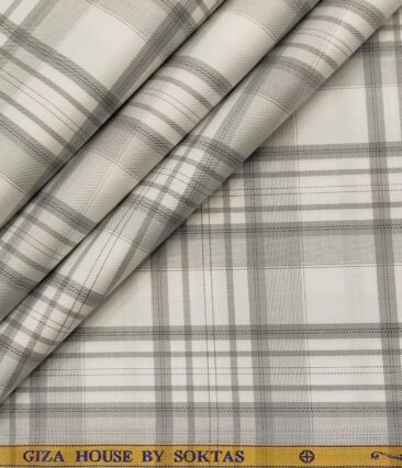 Soktas Men's Giza Cotton Checks  Unstitched Shirting Fabric (White)