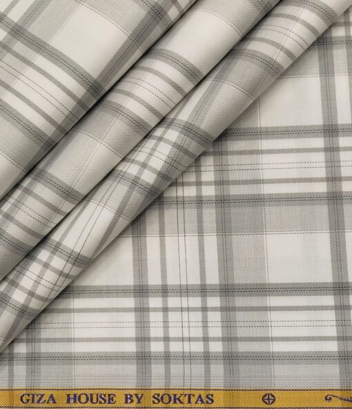 Soktas Men's Giza Cotton Checks  Unstitched Shirting Fabric (White)