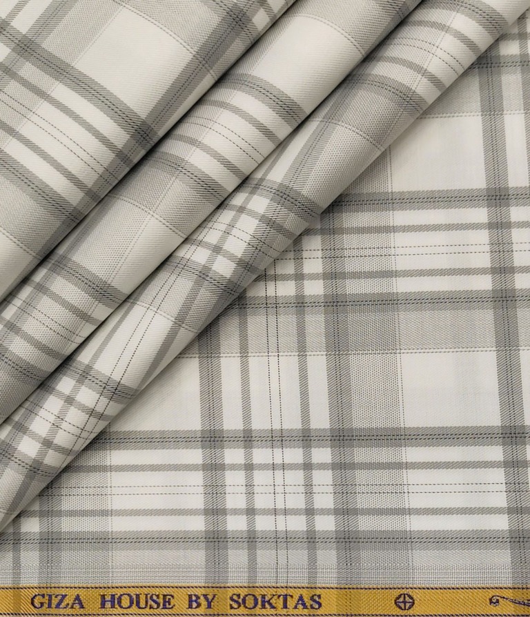 Soktas Men's Giza Cotton Checks  Unstitched Shirting Fabric (White)