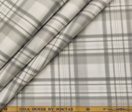 Soktas Men's Giza Cotton Checks  Unstitched Shirting Fabric (White)