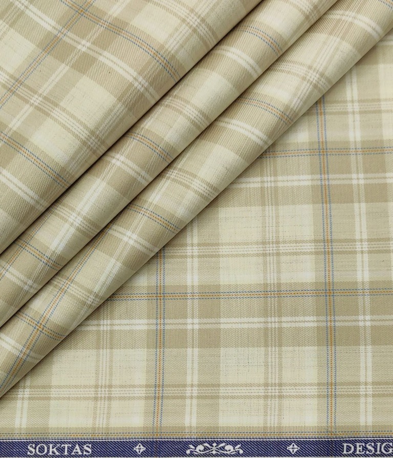 Soktas Men's Giza Cotton Checks  Unstitched Shirting Fabric (Creamish Beige)