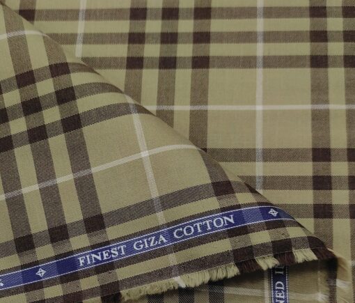 Soktas Men's Giza Cotton Checks  Unstitched Shirting Fabric (Light Brown)