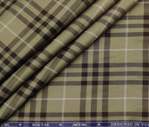 Soktas Men's Giza Cotton Checks  Unstitched Shirting Fabric (Light Brown)