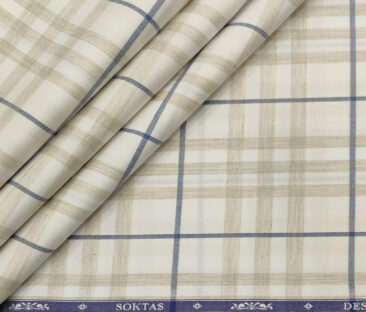 Soktas Men's Giza Cotton Checks  Unstitched Shirting Fabric (White & Brown)