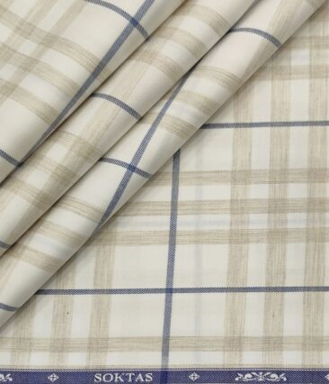 Soktas Men's Giza Cotton Checks  Unstitched Shirting Fabric (White & Brown)
