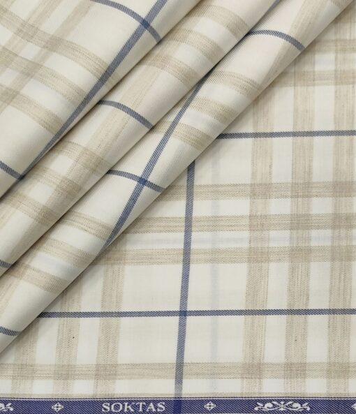 Soktas Men's Giza Cotton Checks  Unstitched Shirting Fabric (White & Brown) - Image 1