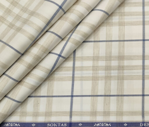 Soktas Men's Giza Cotton Checks  Unstitched Shirting Fabric (White & Brown)