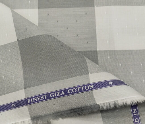 Soktas Men's Giza Cotton Checks  Unstitched Shirting Fabric (White & Grey)