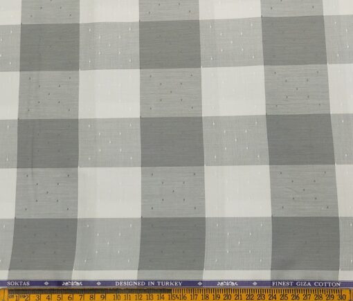 Soktas Men's Giza Cotton Checks  Unstitched Shirting Fabric (White & Grey)