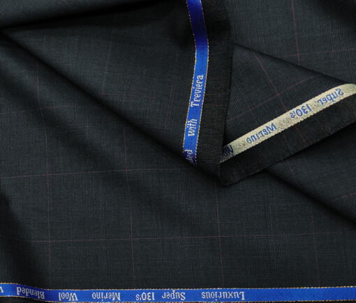 Cadini Men's Wool Checks Super 130's Unstitched Suiting Fabric (Dark Blue)