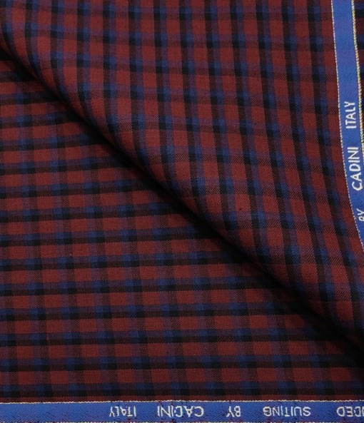 Cadini Men's Wool Checks Super 90's Unstitched Suiting Fabric (Red & Blue)