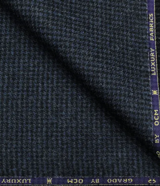 OCM Men's Wool Houndstooth Thick Reversible Unstitched Tweed Jacketing & Blazer Fabric (Dark Blue)